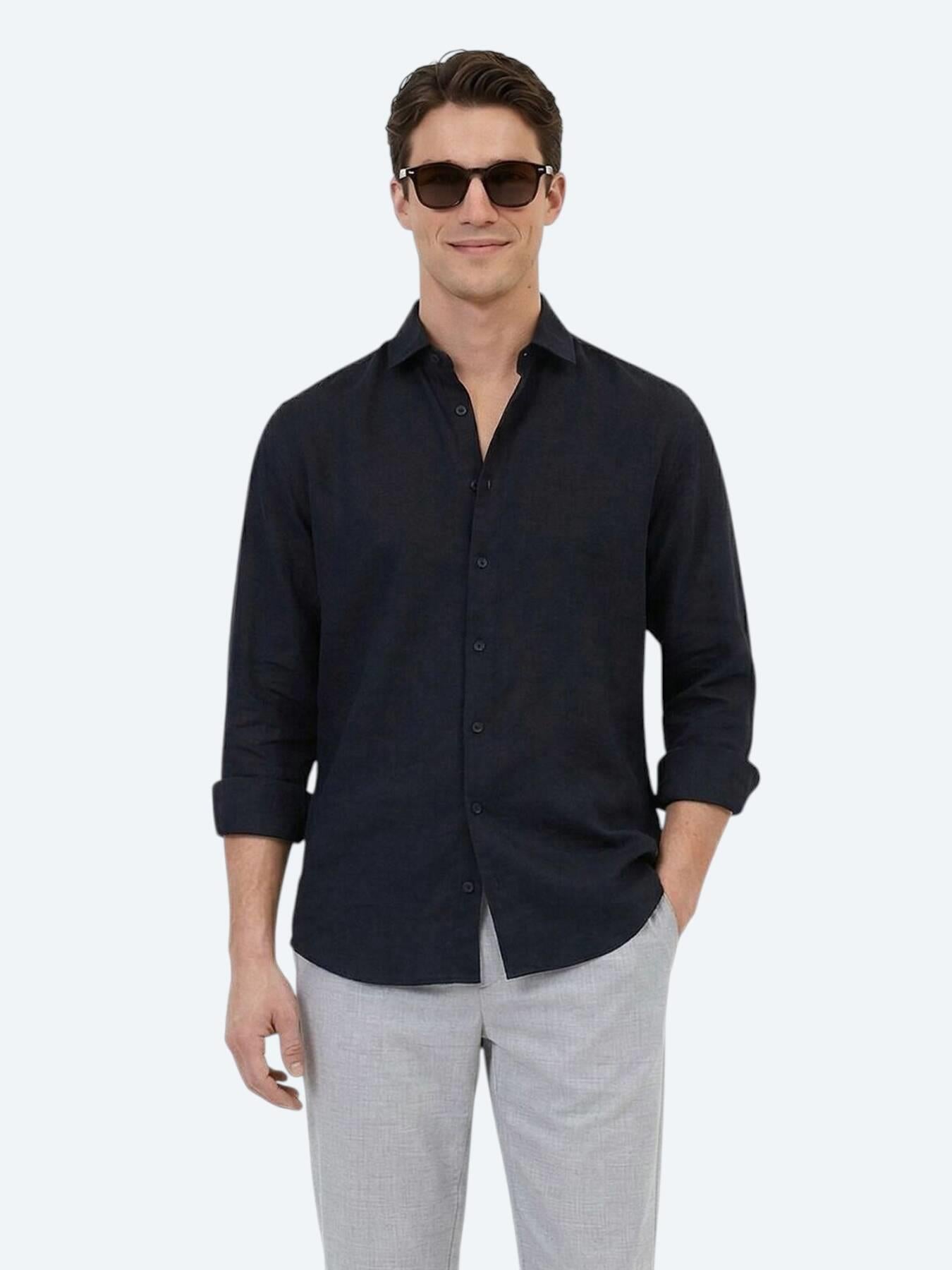 Siyah Düz Regular Fit Uzun Dokuma Casual Pamuk Karışımlı Gömlek