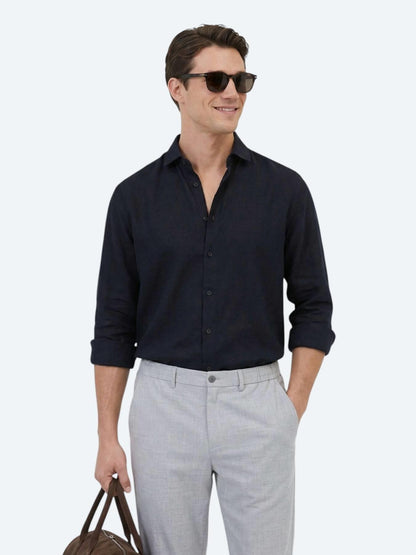 Siyah Düz Regular Fit Uzun Dokuma Casual Pamuk Karışımlı Gömlek