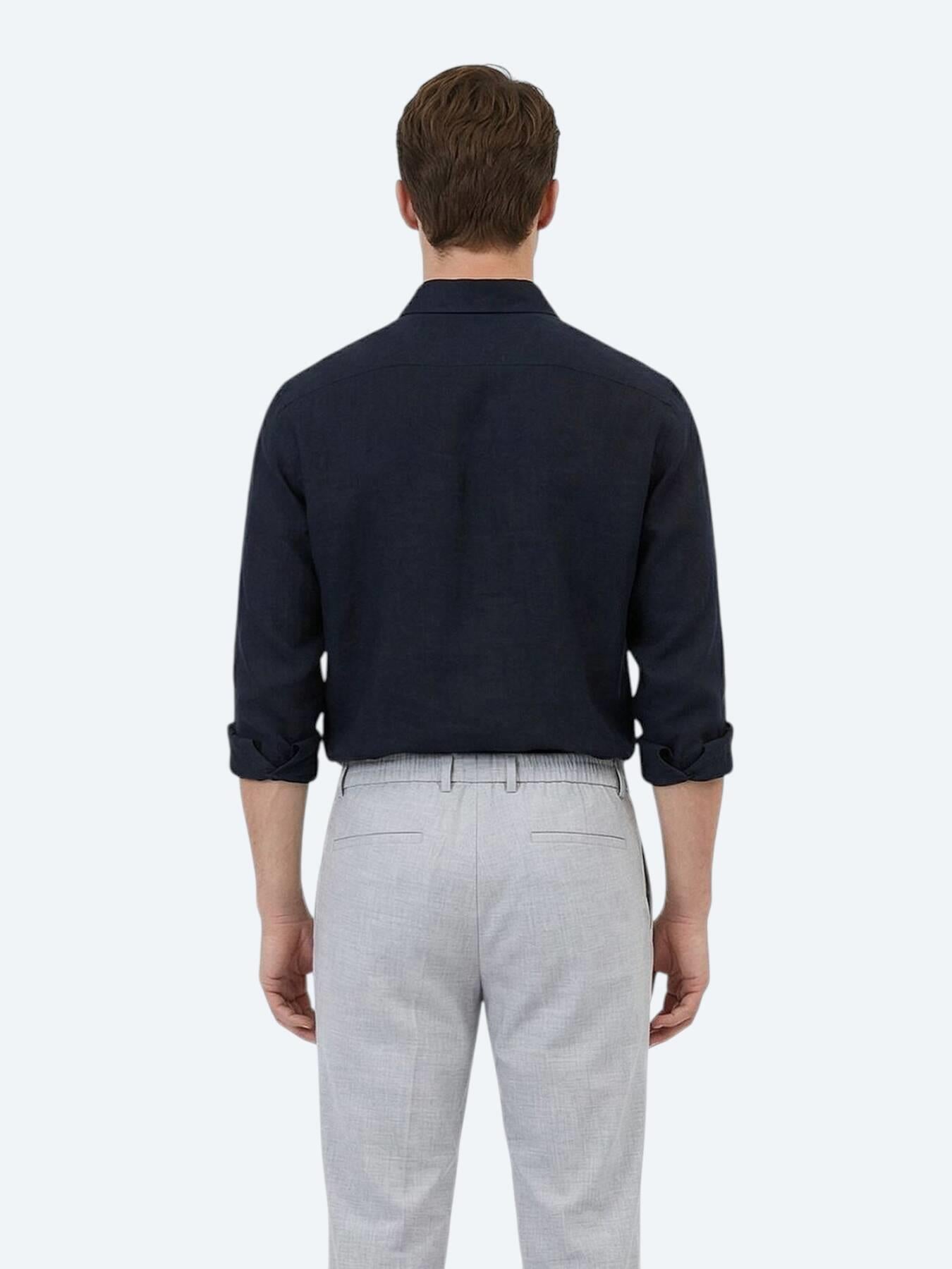 Siyah Düz Regular Fit Uzun Dokuma Casual Pamuk Karışımlı Gömlek