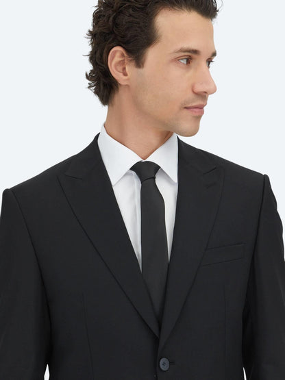Siyah Düz Modern Fit Yün Karışımlı Takım Elbise