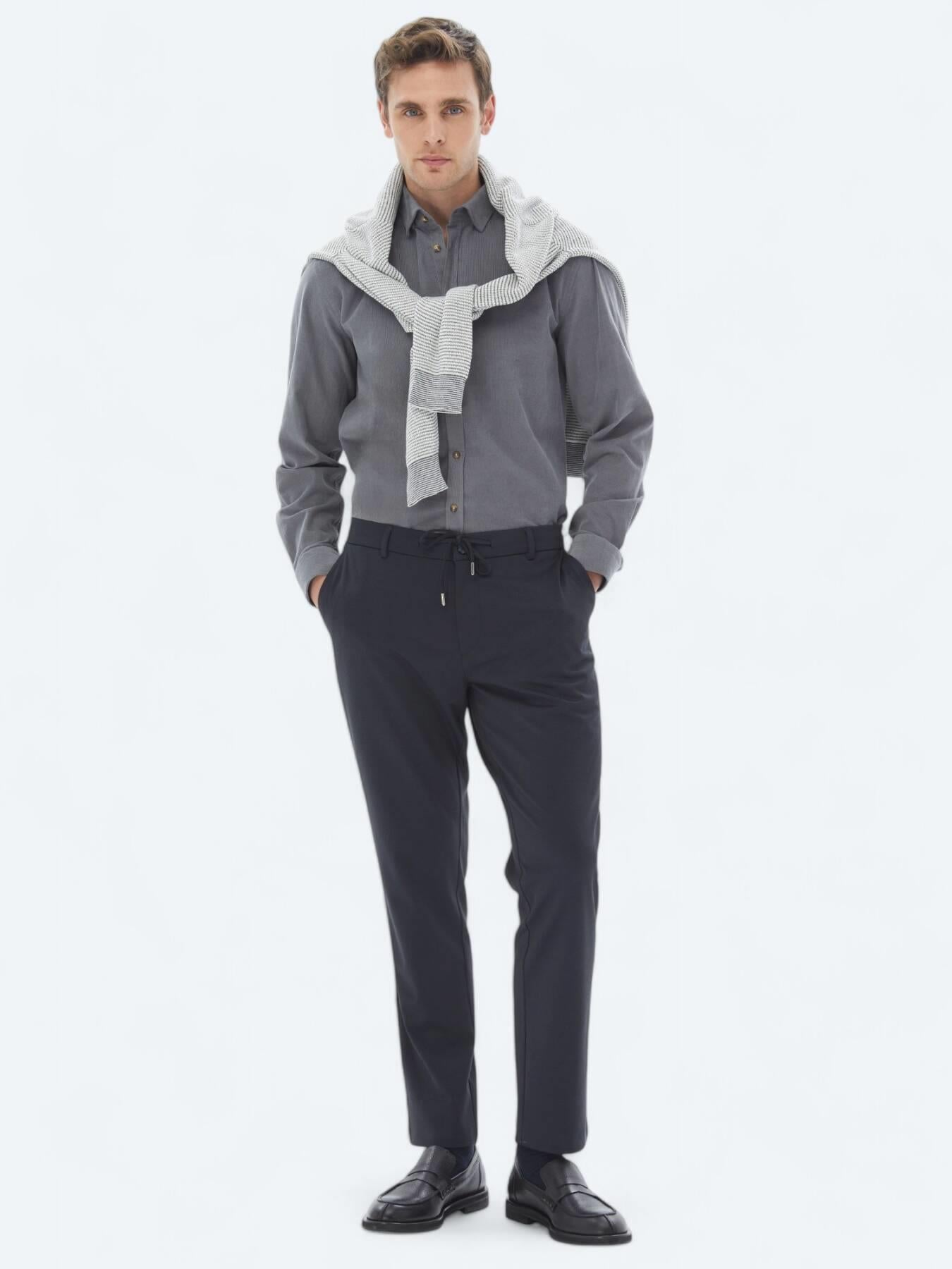 Gri Fitilli Regular Fit Uzun Dokuma Kadife Casual %100 Pamuk Gömlek