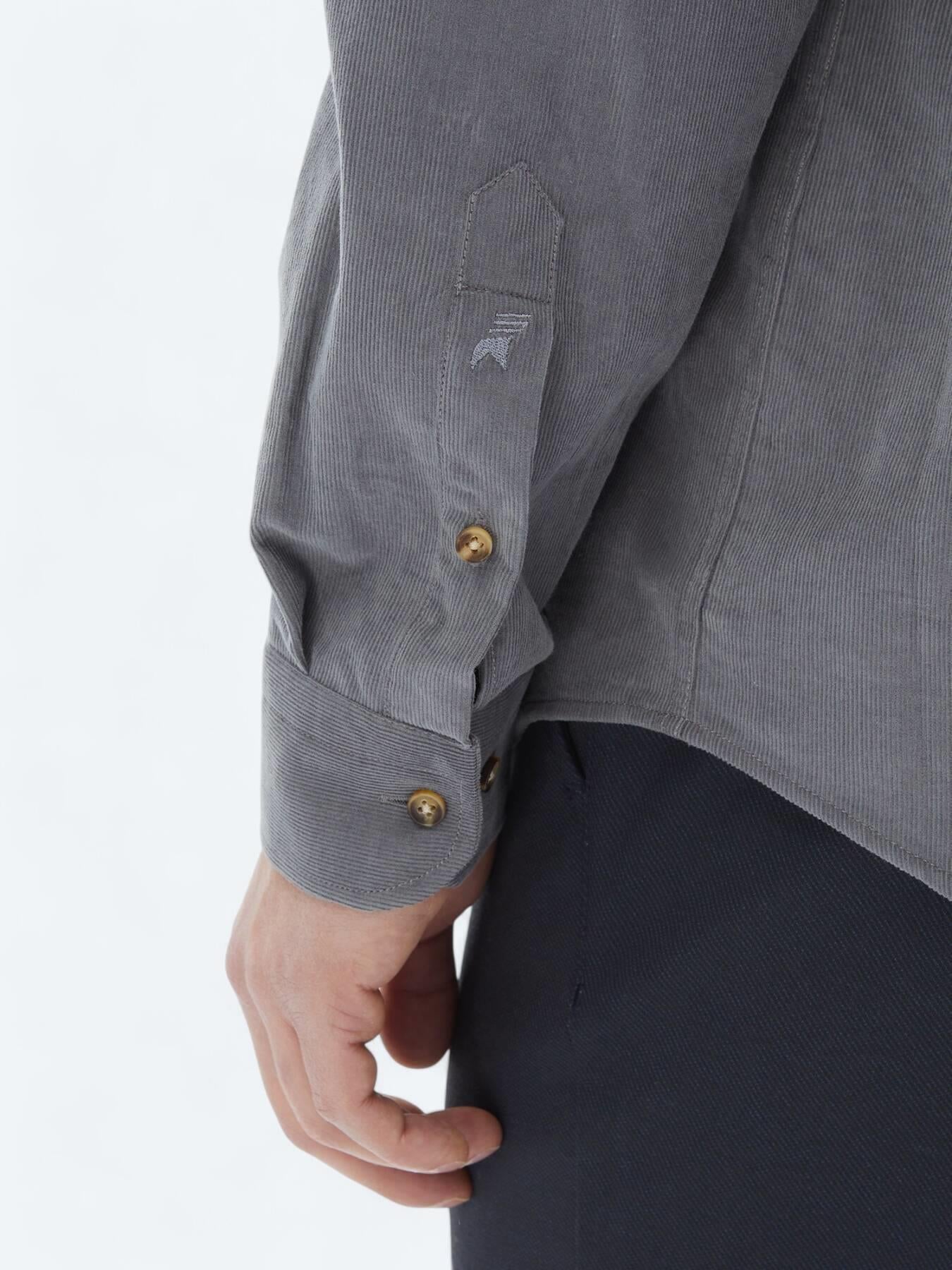 Gri Fitilli Regular Fit Uzun Dokuma Kadife Casual %100 Pamuk Gömlek