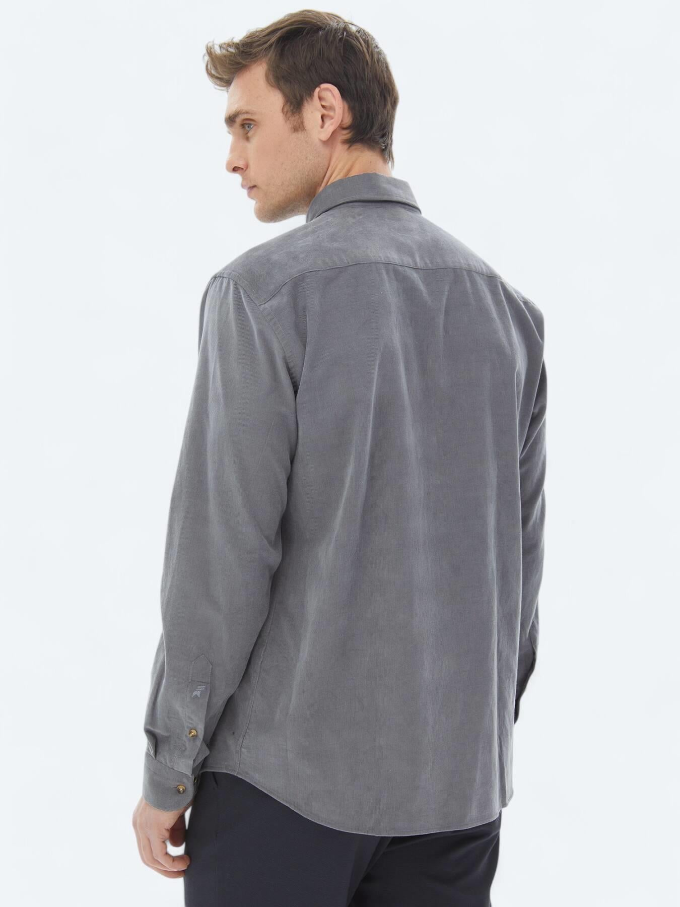 Gri Fitilli Regular Fit Uzun Dokuma Kadife Casual %100 Pamuk Gömlek