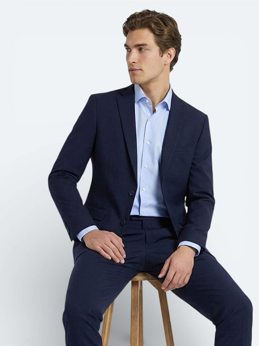 Lacivert Düz Slim Fit Yün Karışımlı Takım Elbise