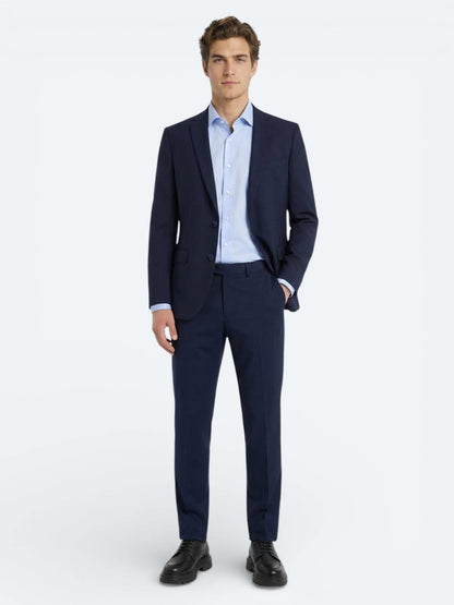 Lacivert Düz Slim Fit Yün Karışımlı Takım Elbise