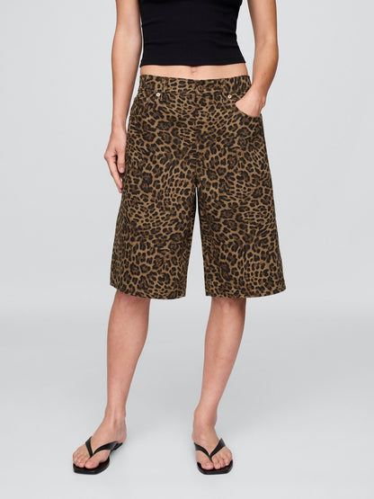 Kahverengi 11 Mid Rise Denim Leopar Longline Şort