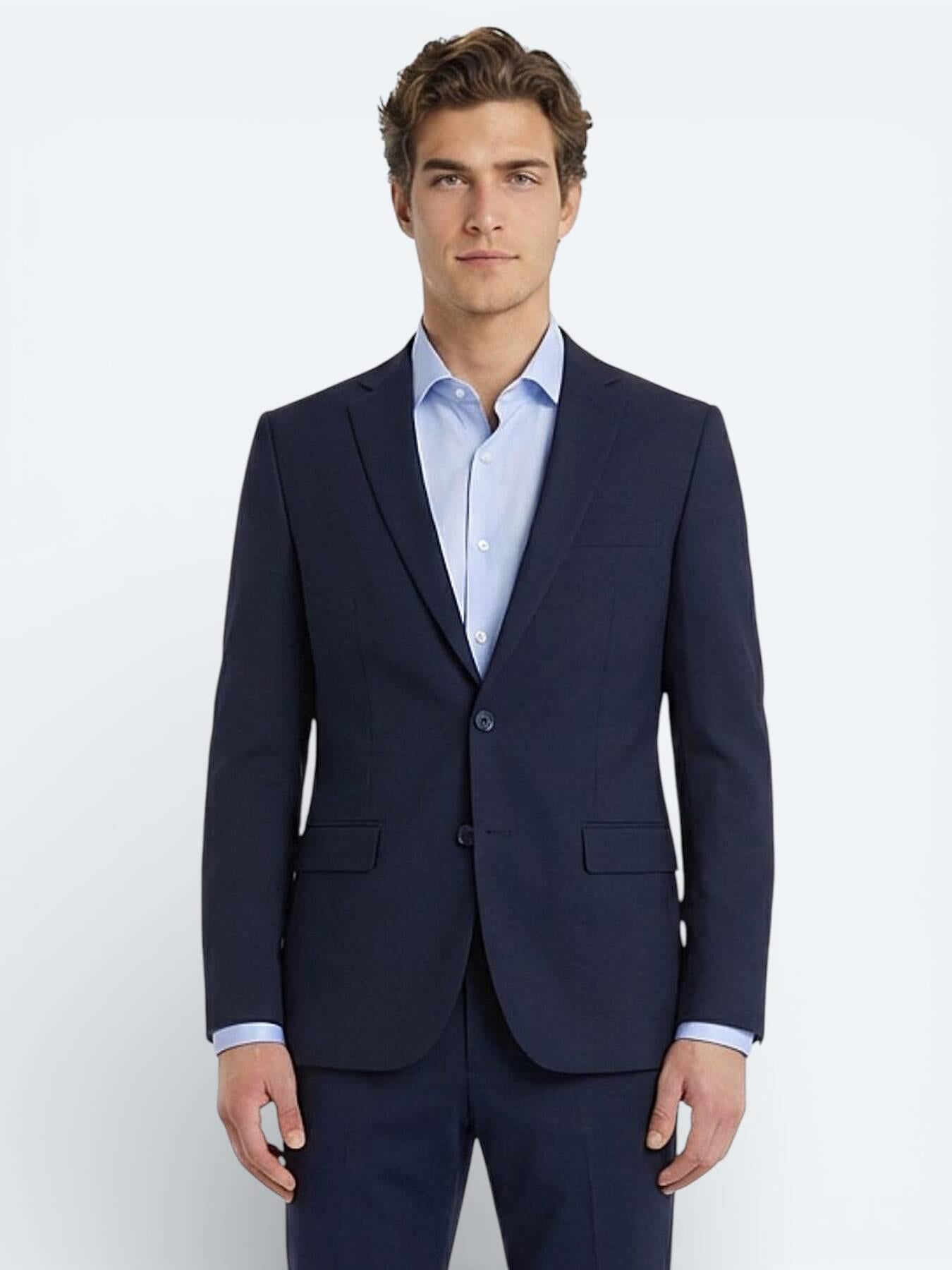 Lacivert Düz Slim Fit Yün Karışımlı Takım Elbise