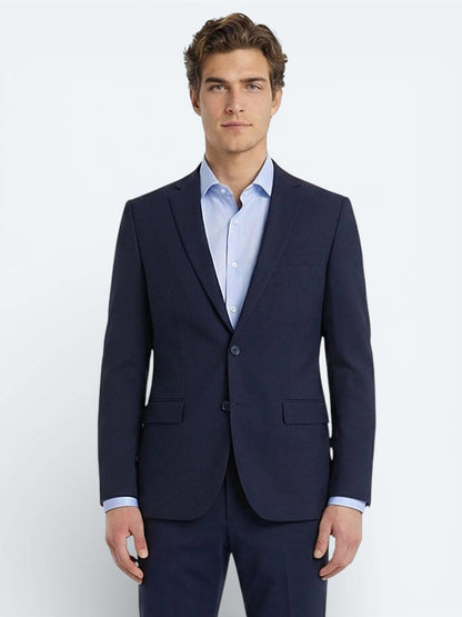 Lacivert Düz Slim Fit Yün Karışımlı Takım Elbise
