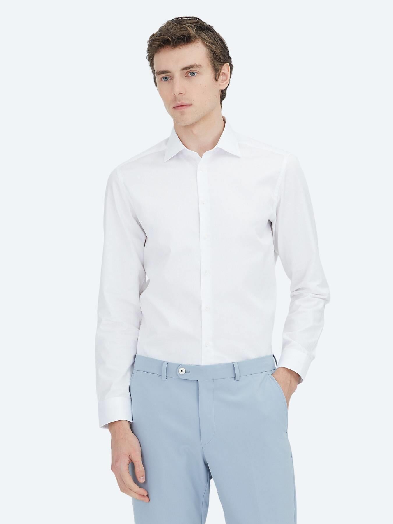 Beyaz Düz Slim Fit Uzun Dokuma Klasik %100 Pamuk Gömlek