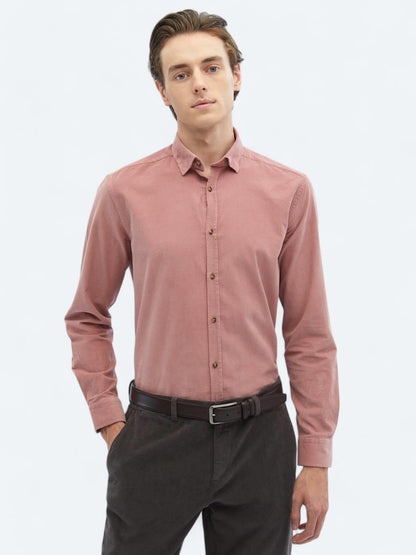 Pembe Fitilli Regular Fit Uzun Dokuma Kadife Casual %100 Pamuk Gömlek