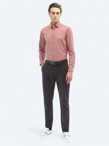 Pembe Fitilli Regular Fit Uzun Dokuma Kadife Casual %100 Pamuk Gömlek