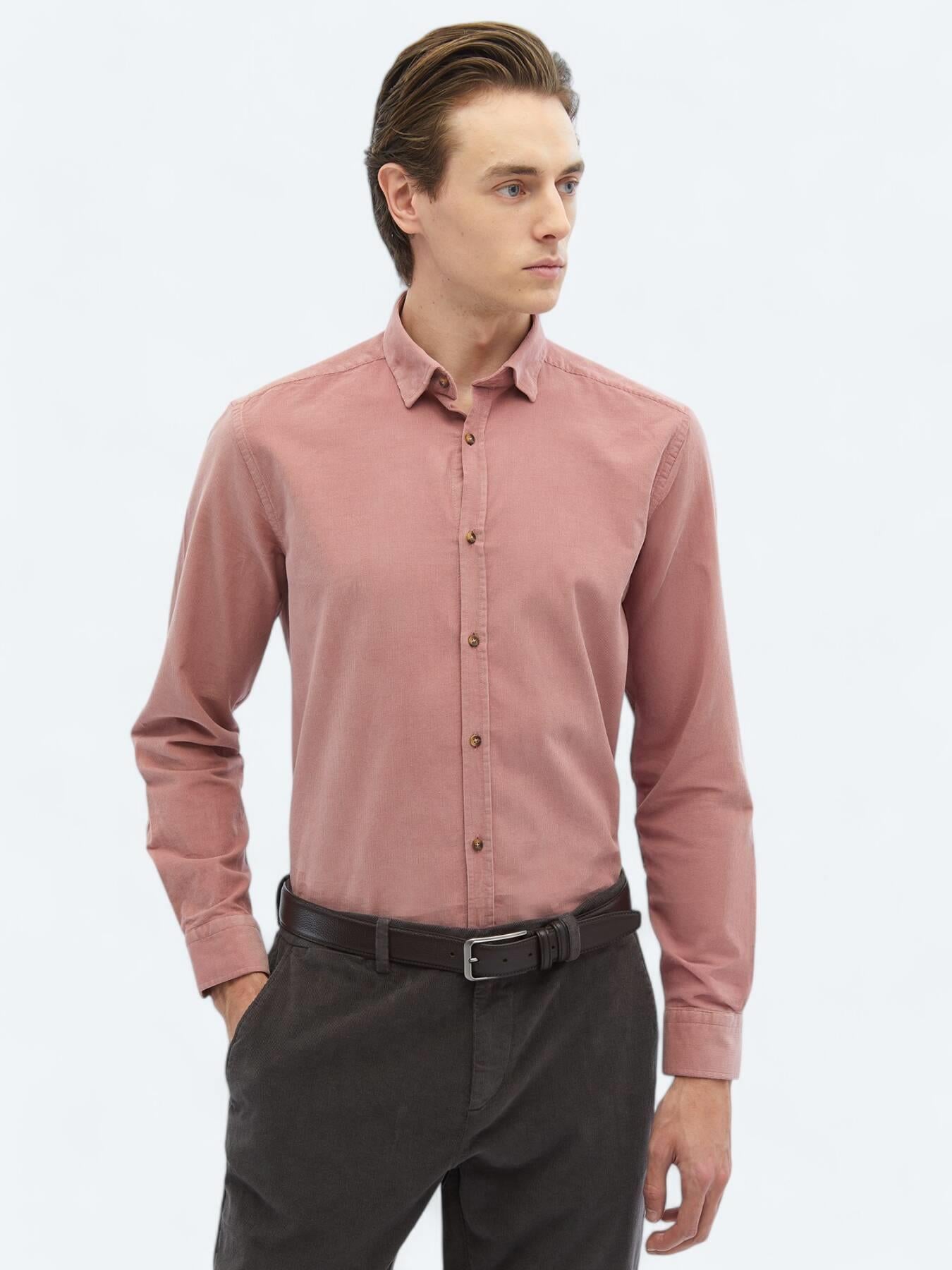 Pembe Fitilli Regular Fit Uzun Dokuma Kadife Casual %100 Pamuk Gömlek