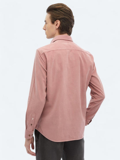 Pembe Fitilli Regular Fit Uzun Dokuma Kadife Casual %100 Pamuk Gömlek
