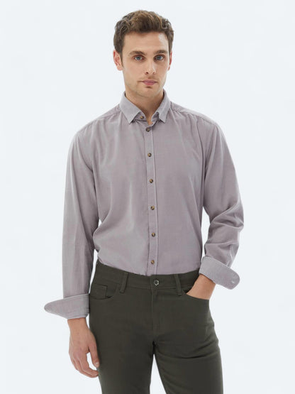 Lila Fitilli Regular Fit Uzun Dokuma Kadife Casual %100 Pamuk Gömlek