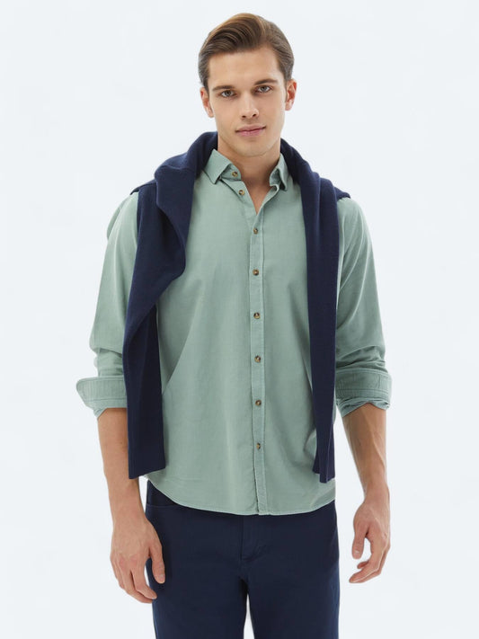 Mint Fitilli Regular Fit Uzun Dokuma Kadife Casual %100 Pamuk Gömlek