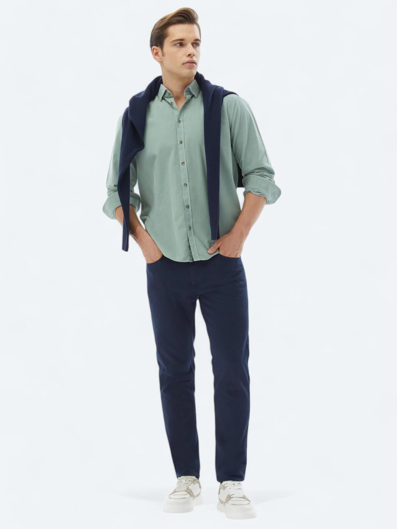 Mint Fitilli Regular Fit Uzun Dokuma Kadife Casual %100 Pamuk Gömlek