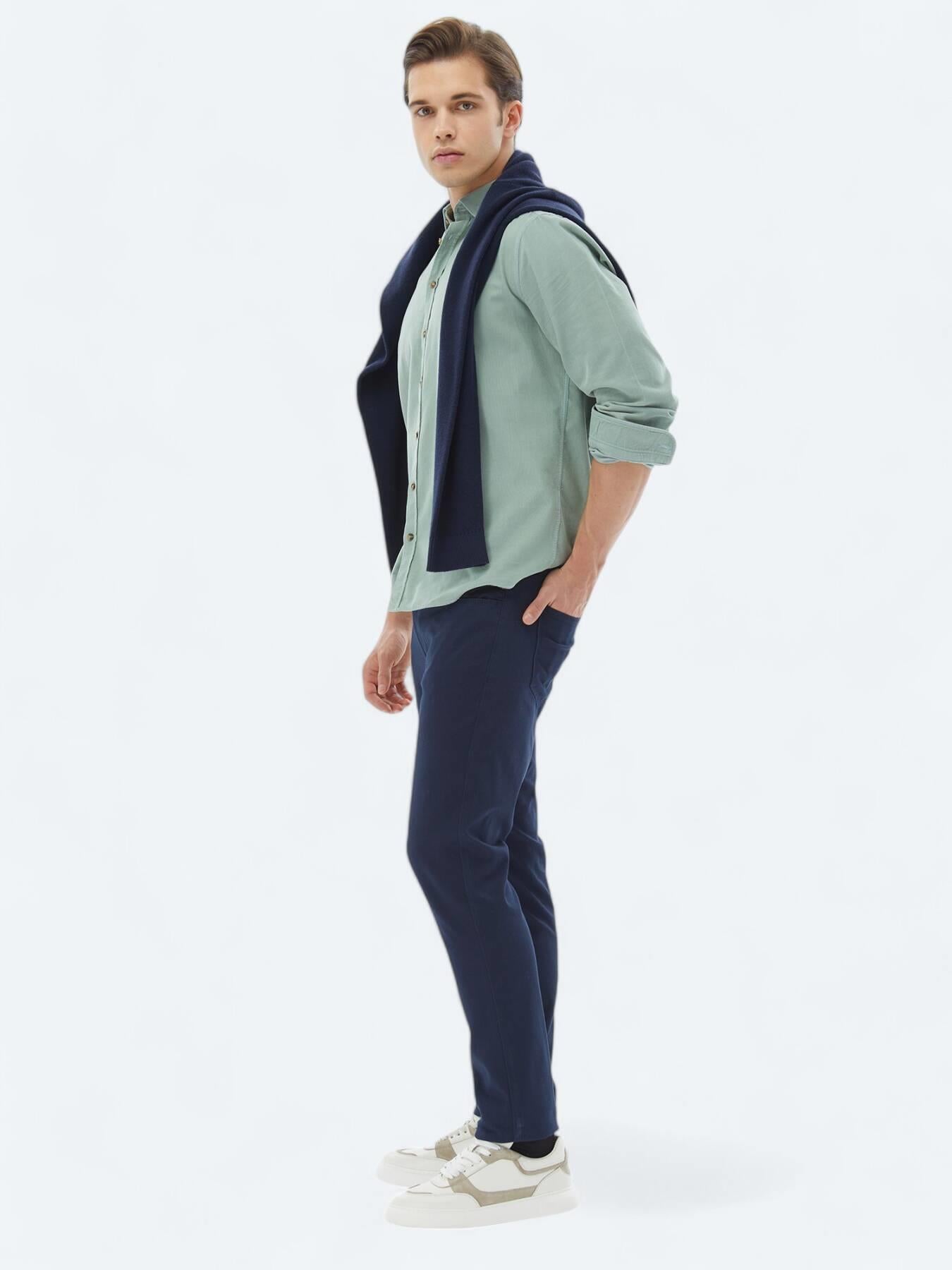 Mint Fitilli Regular Fit Uzun Dokuma Kadife Casual %100 Pamuk Gömlek