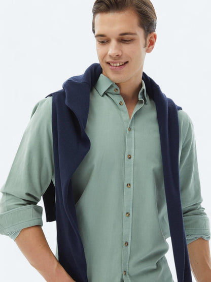 Mint Fitilli Regular Fit Uzun Dokuma Kadife Casual %100 Pamuk Gömlek