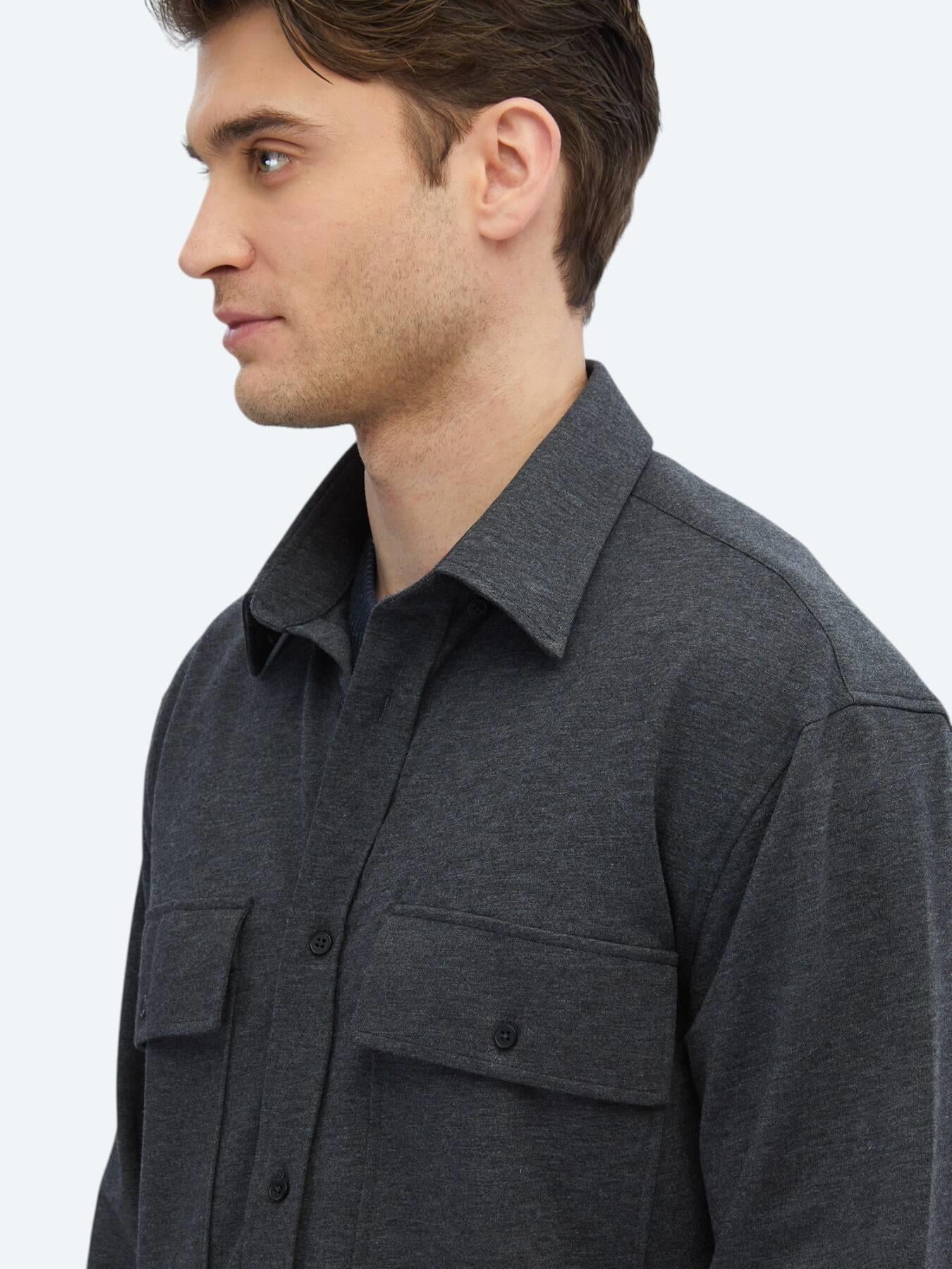 Antrasit Düz Oversize Fit Uzun Casual Pamuk Karışımlı Gömlek