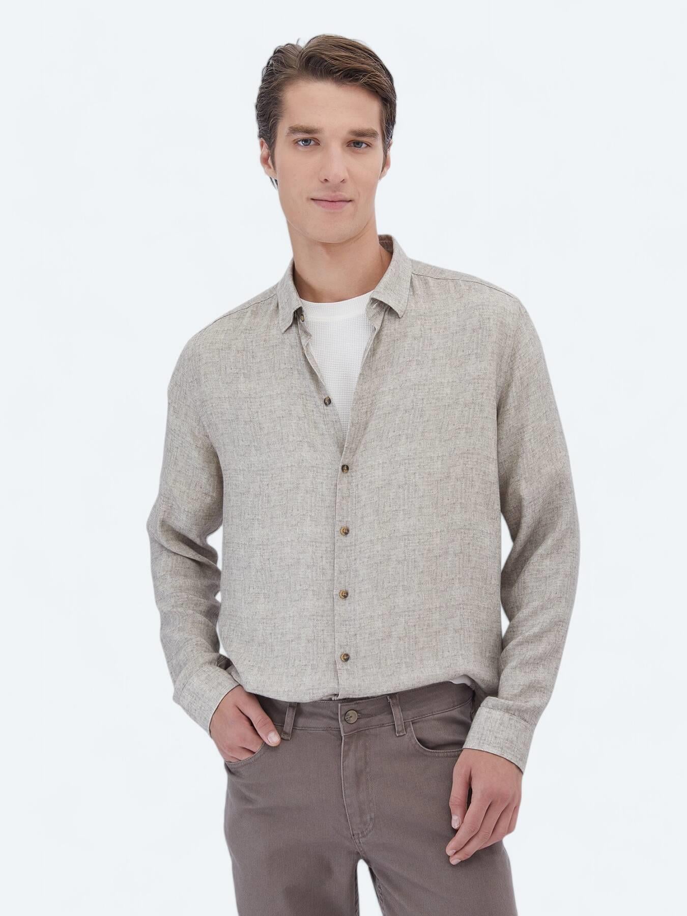 Bej Baskılı Regular Fit Uzun Dokuma Casual Gömlek