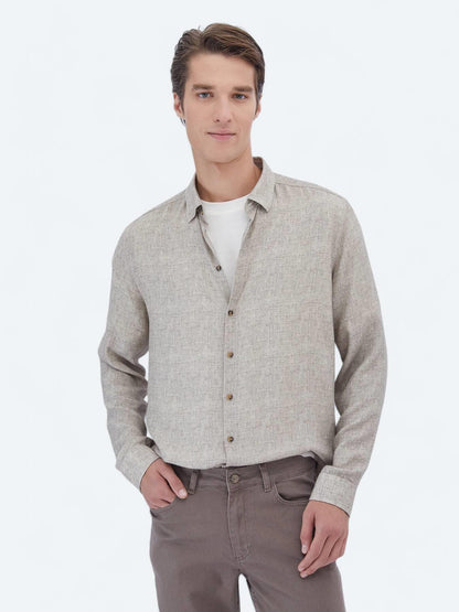 Bej Baskılı Regular Fit Uzun Dokuma Casual Gömlek