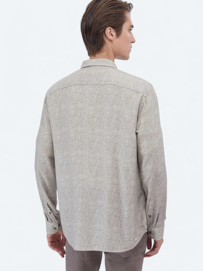Bej Baskılı Regular Fit Uzun Dokuma Casual Gömlek