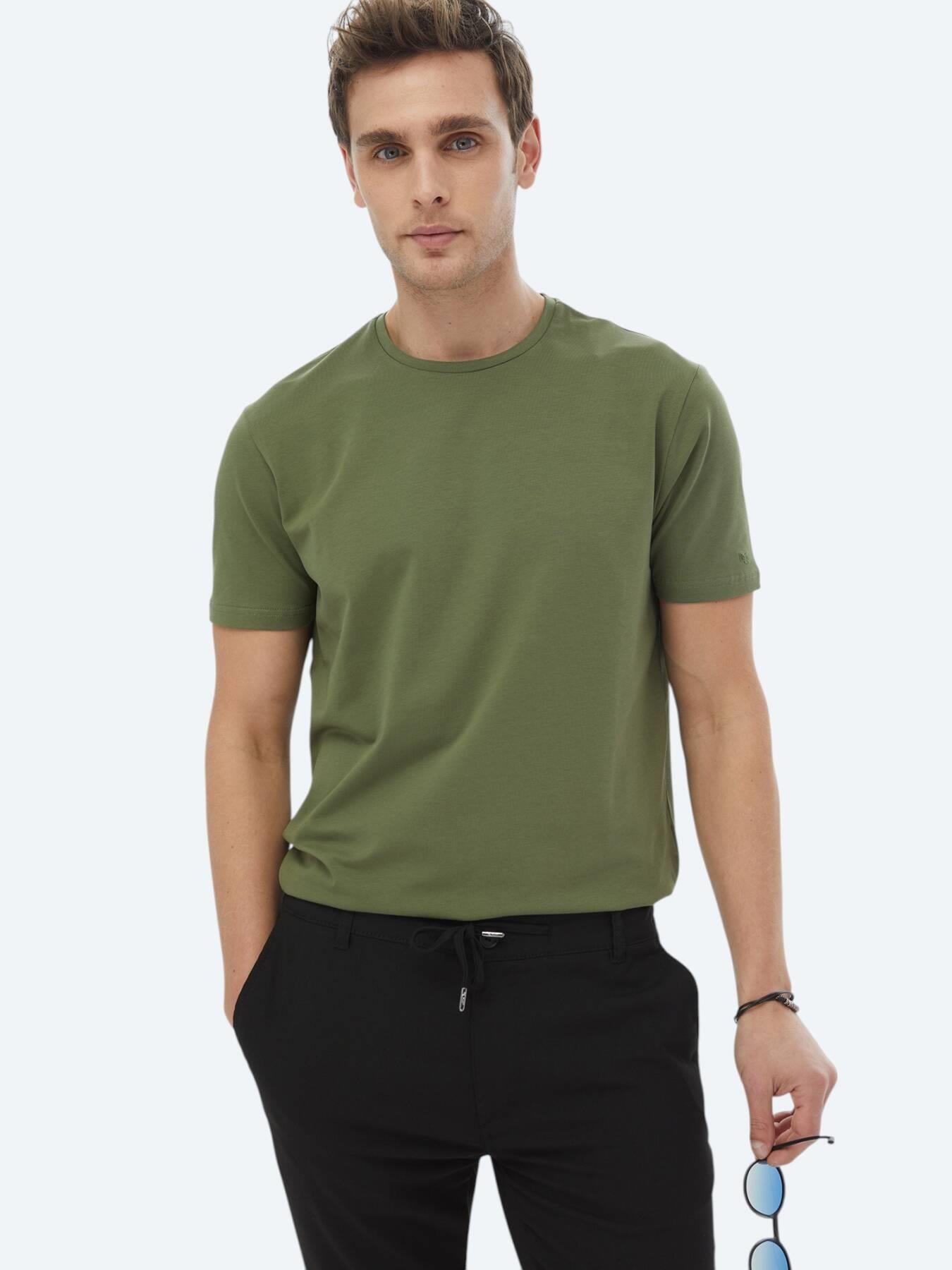 Haki Düz Bisiklet Yaka Pamuk Karışımlı T-shirt