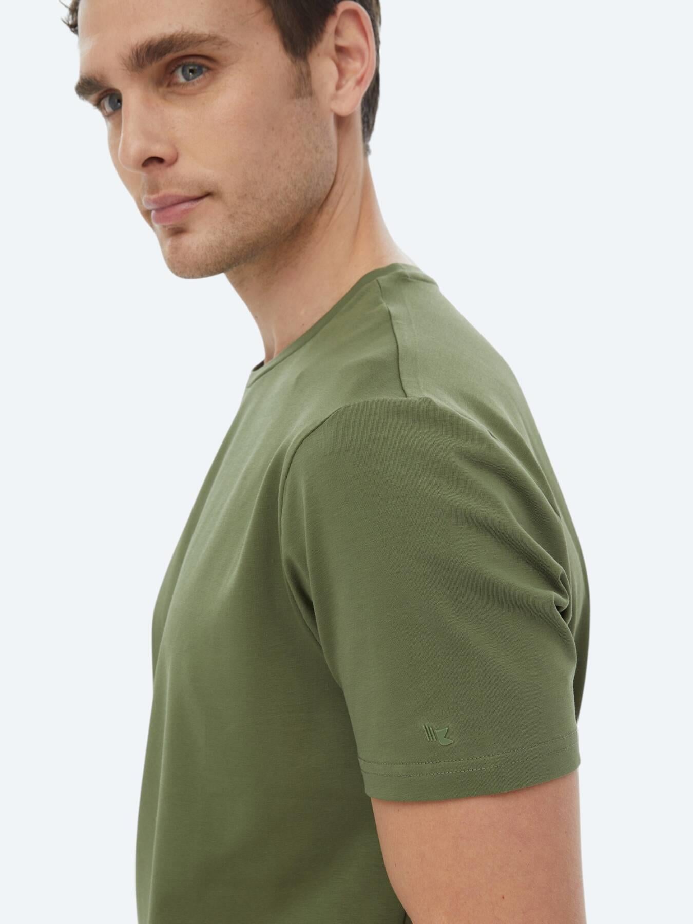 Haki Düz Bisiklet Yaka Pamuk Karışımlı T-shirt