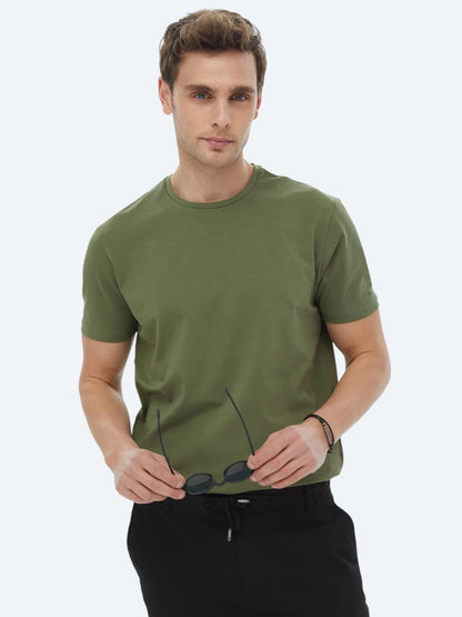 Haki Düz Bisiklet Yaka Pamuk Karışımlı T-shirt