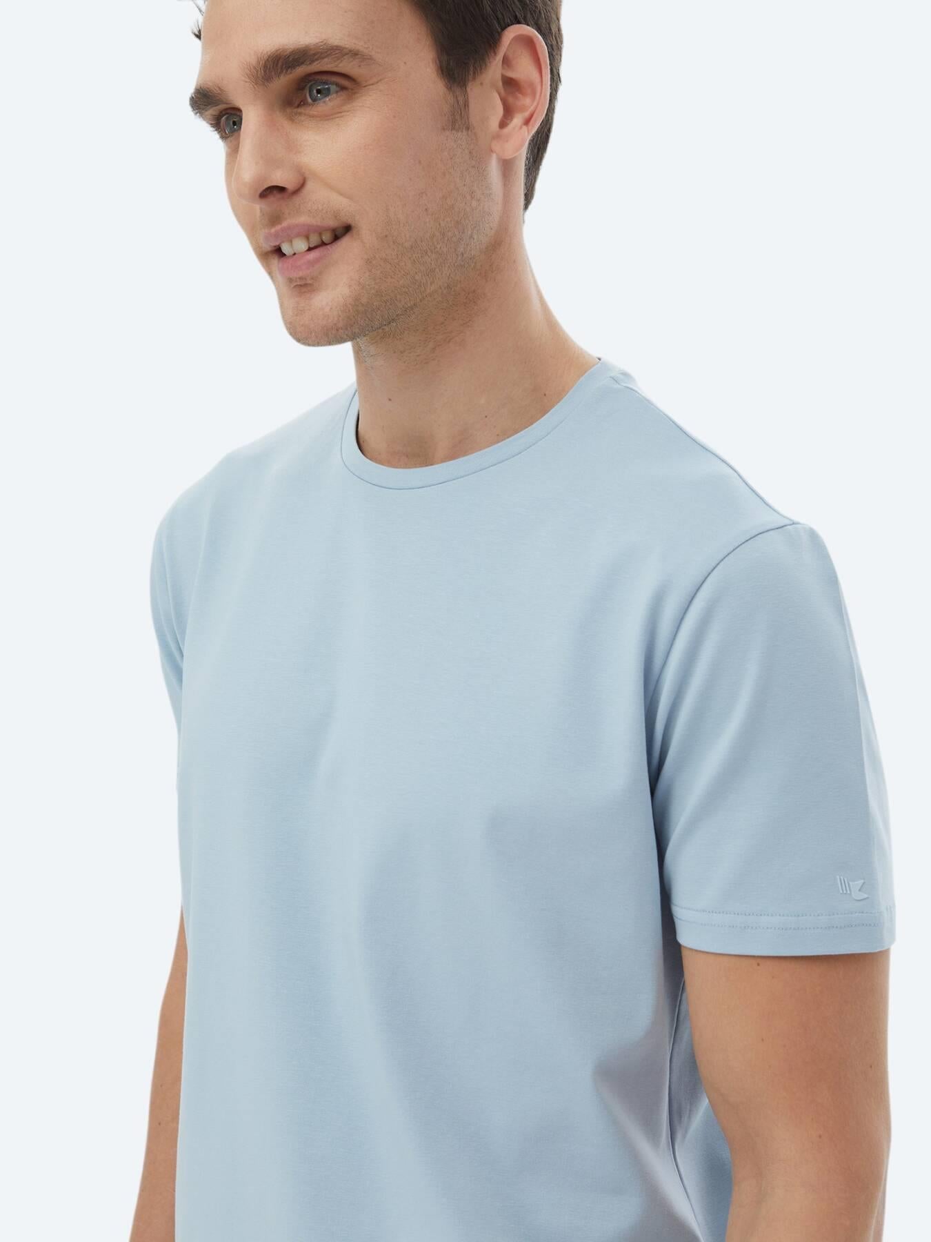 Mavi Düz Bisiklet Yaka Pamuk Karışımlı T-shirt