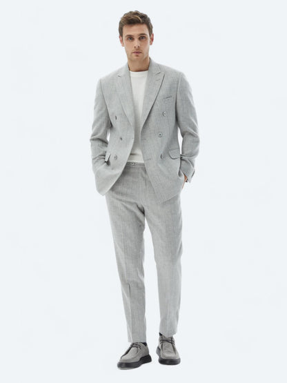 Açık Gri Çizgili Modern Fit Yün Karışımlı Takım Elbise