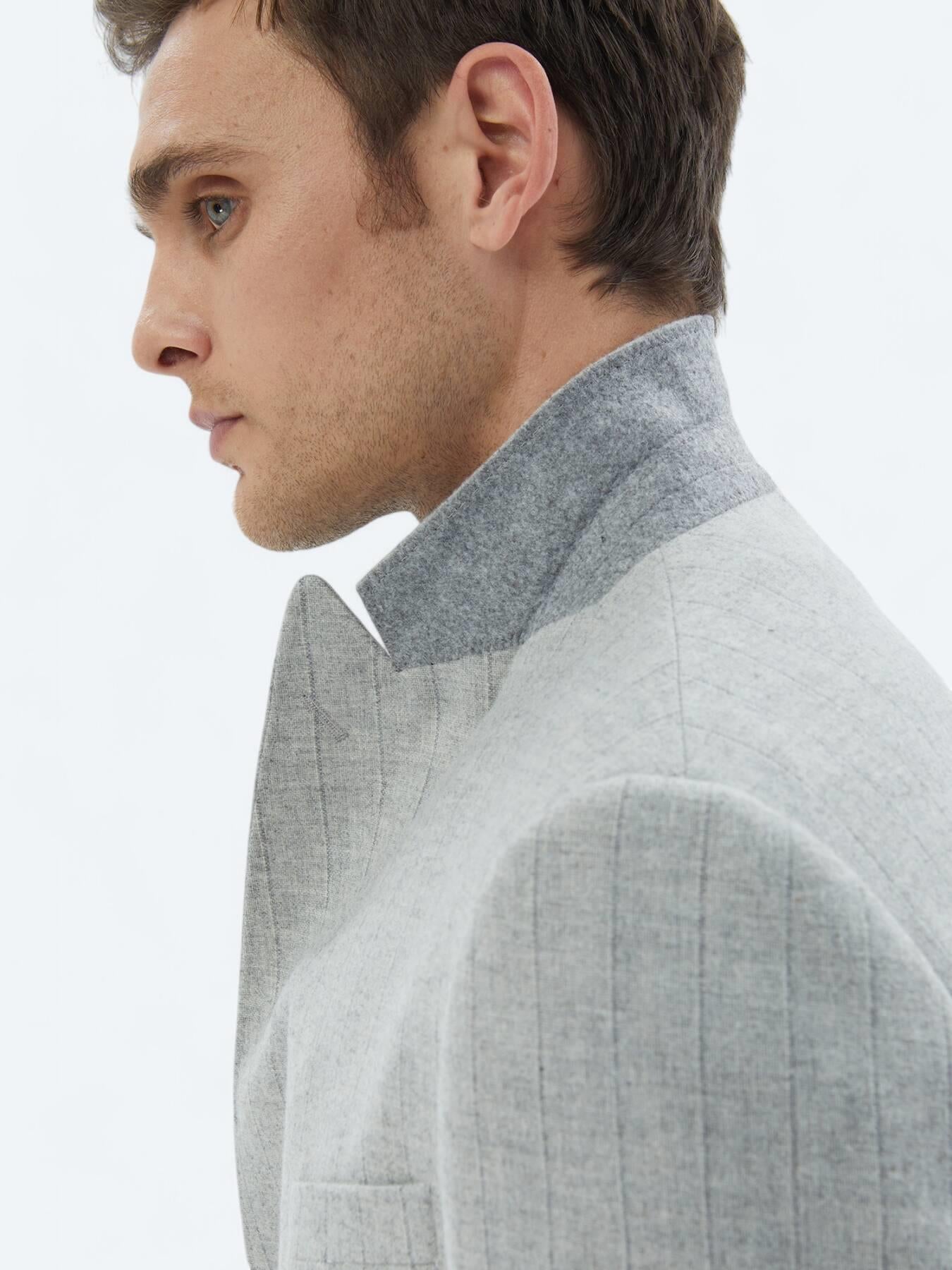 Açık Gri Çizgili Modern Fit Yün Karışımlı Takım Elbise