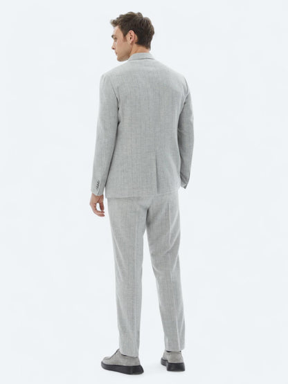 Açık Gri Çizgili Modern Fit Yün Karışımlı Takım Elbise