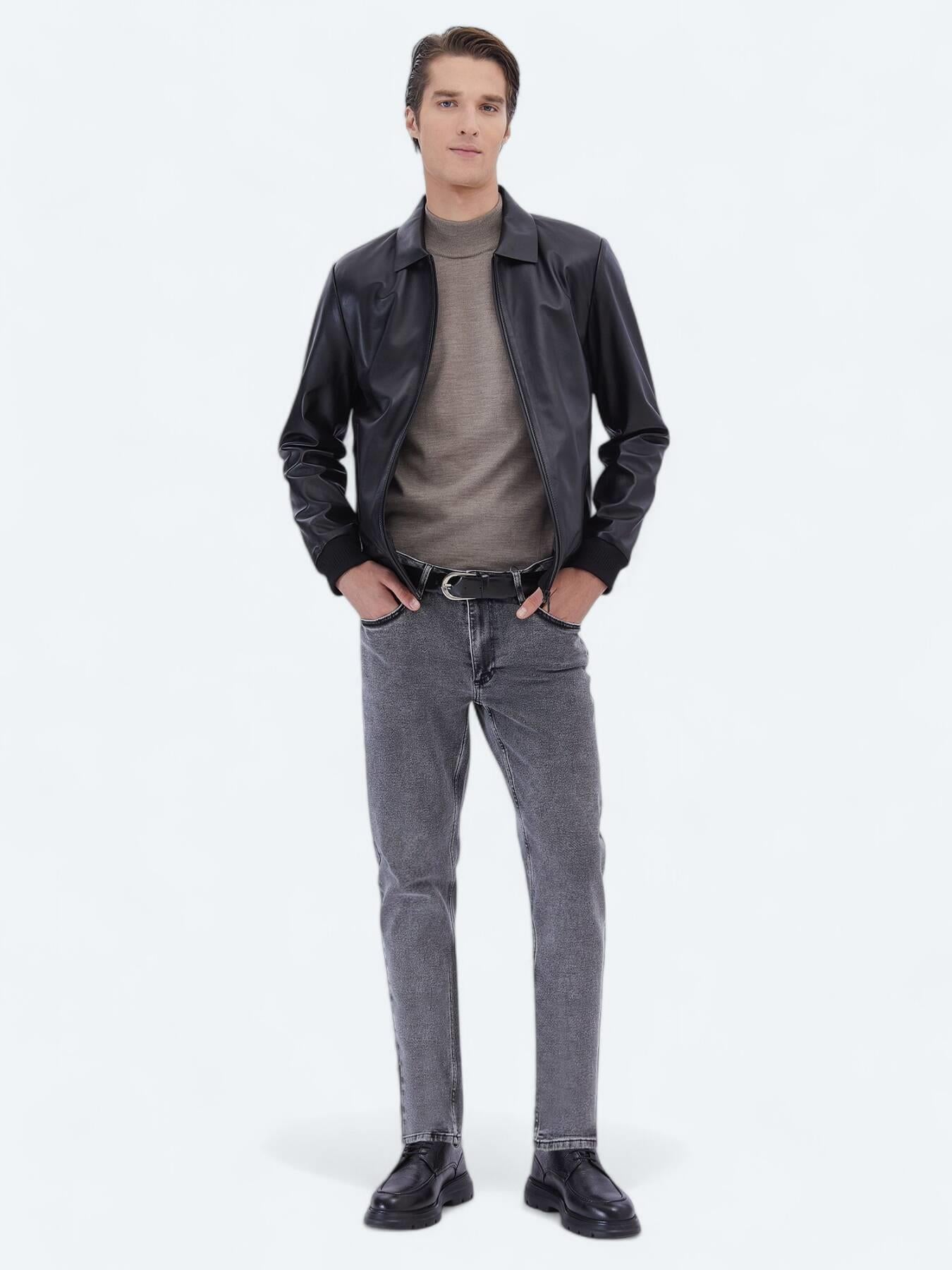 Siyah Regular Fit Bebe Yaka Smart Casual Koyun Derisi Deri Mont