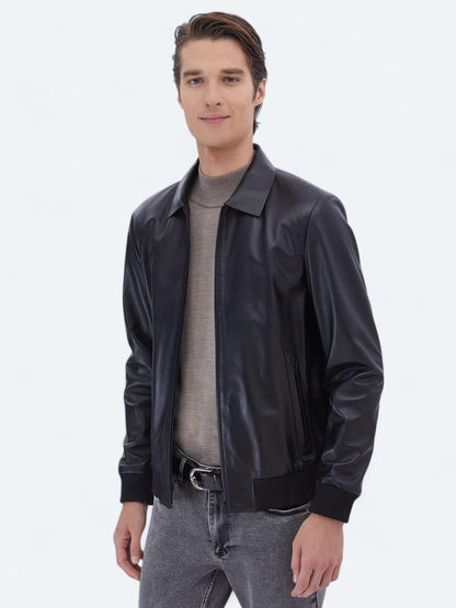 Siyah Regular Fit Bebe Yaka Smart Casual Koyun Derisi Deri Mont