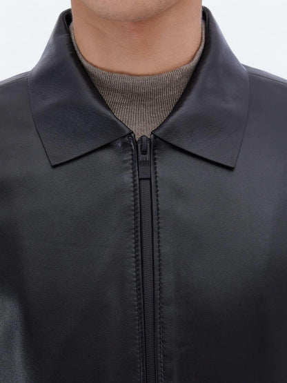 Siyah Regular Fit Bebe Yaka Smart Casual Koyun Derisi Deri Mont