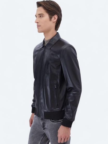 Siyah Regular Fit Bebe Yaka Smart Casual Koyun Derisi Deri Mont