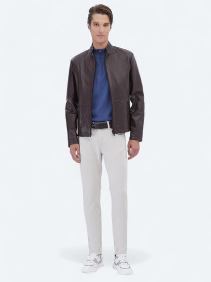 Fındık Regular Fit Dik Yaka Smart Casual Koyun Derisi Deri Mont