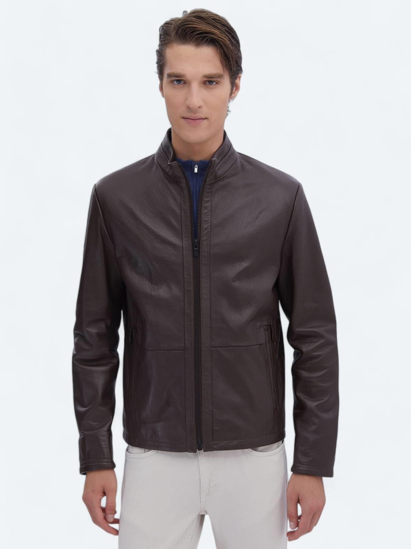 Fındık Regular Fit Dik Yaka Smart Casual Koyun Derisi Deri Mont