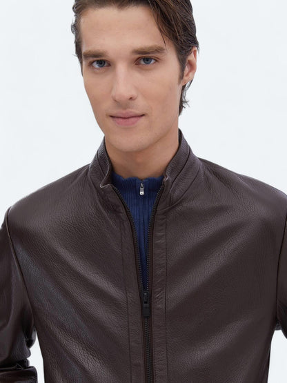 Fındık Regular Fit Dik Yaka Smart Casual Koyun Derisi Deri Mont