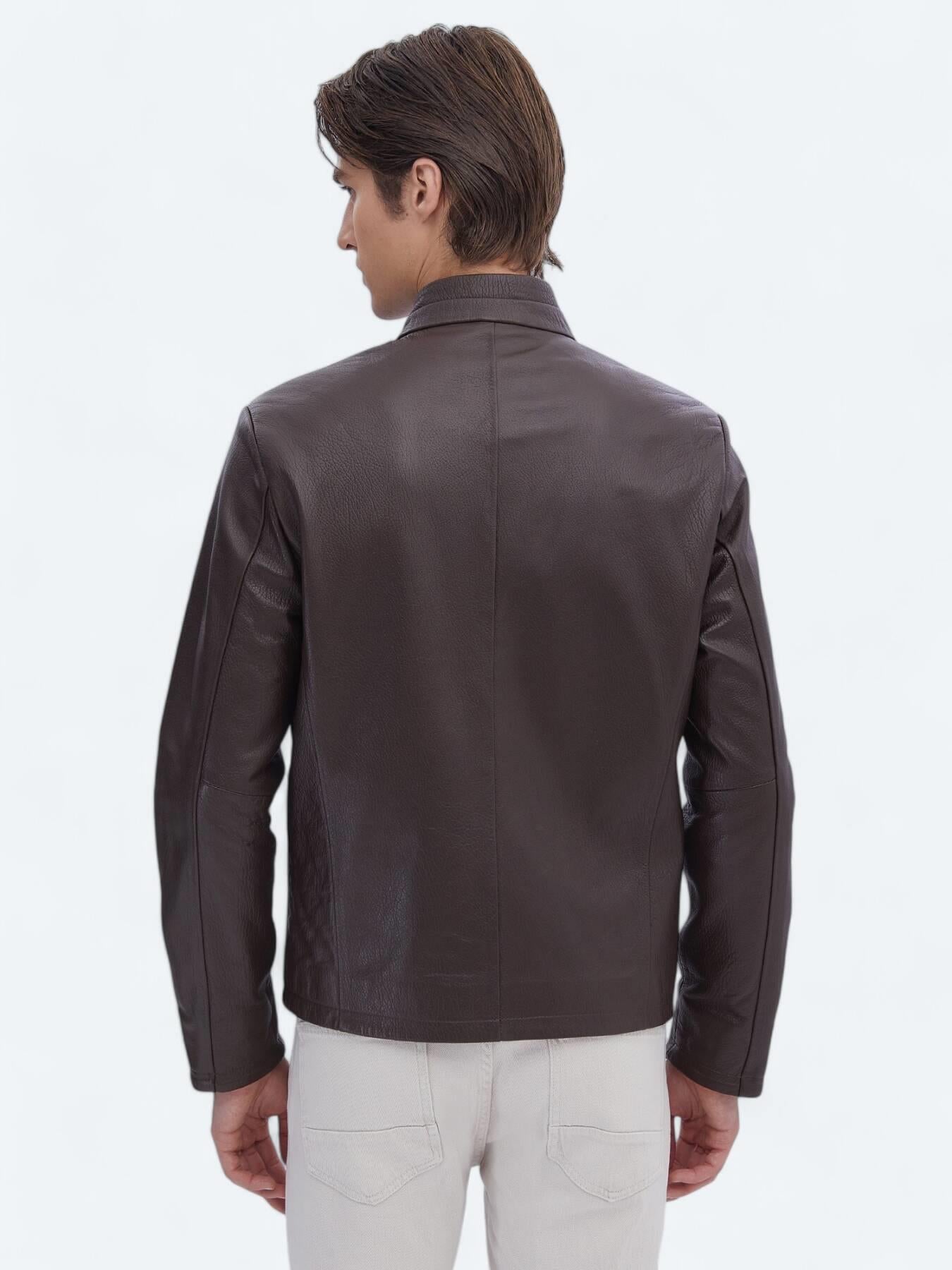Fındık Regular Fit Dik Yaka Smart Casual Koyun Derisi Deri Mont