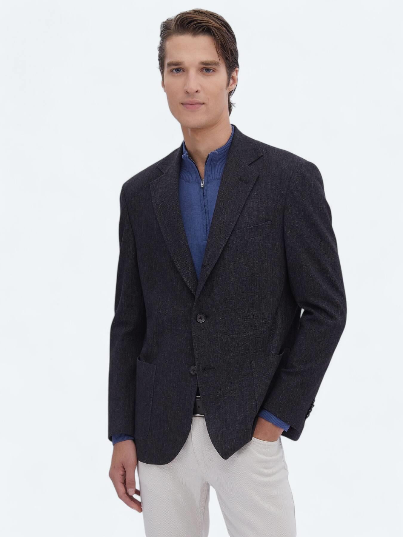 Siyah Düz Modern Fit Pamuk Karışımlı Takım Elbise