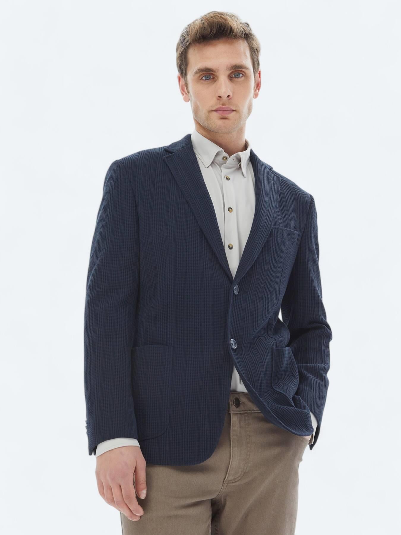 Lacivert Desenli Modern Fit %100 Pamuk Örme Ceket