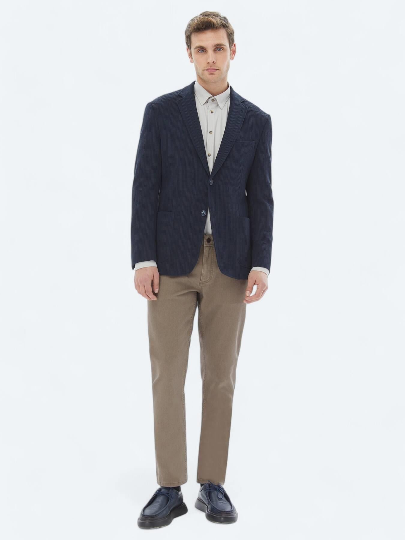 Lacivert Desenli Modern Fit %100 Pamuk Örme Ceket