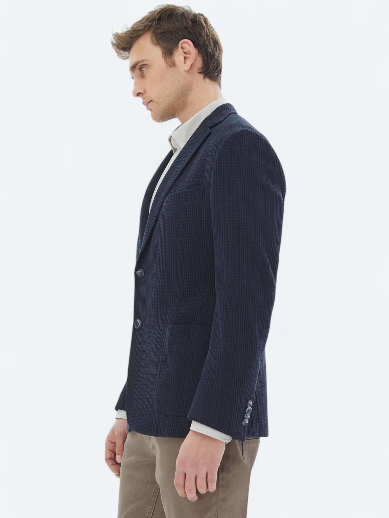 Lacivert Desenli Modern Fit %100 Pamuk Örme Ceket