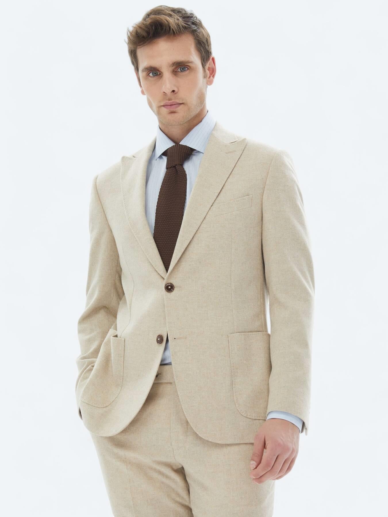 Bej Düz Modern Fit Yün Karışımlı Takım Elbise