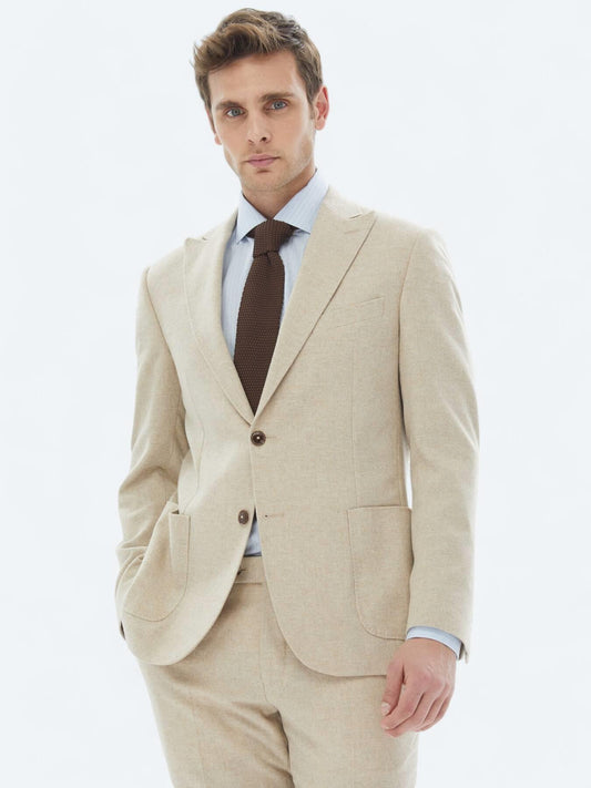 Bej Düz Modern Fit Yün Karışımlı Takım Elbise
