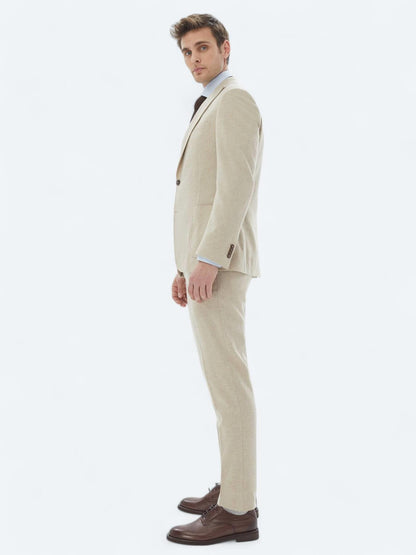 Bej Düz Modern Fit Yün Karışımlı Takım Elbise