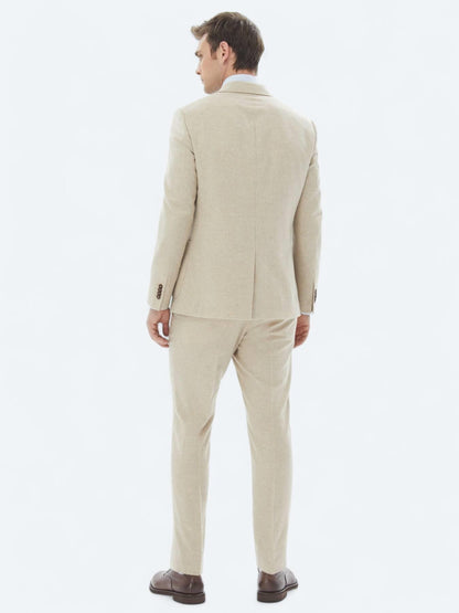 Bej Düz Modern Fit Yün Karışımlı Takım Elbise