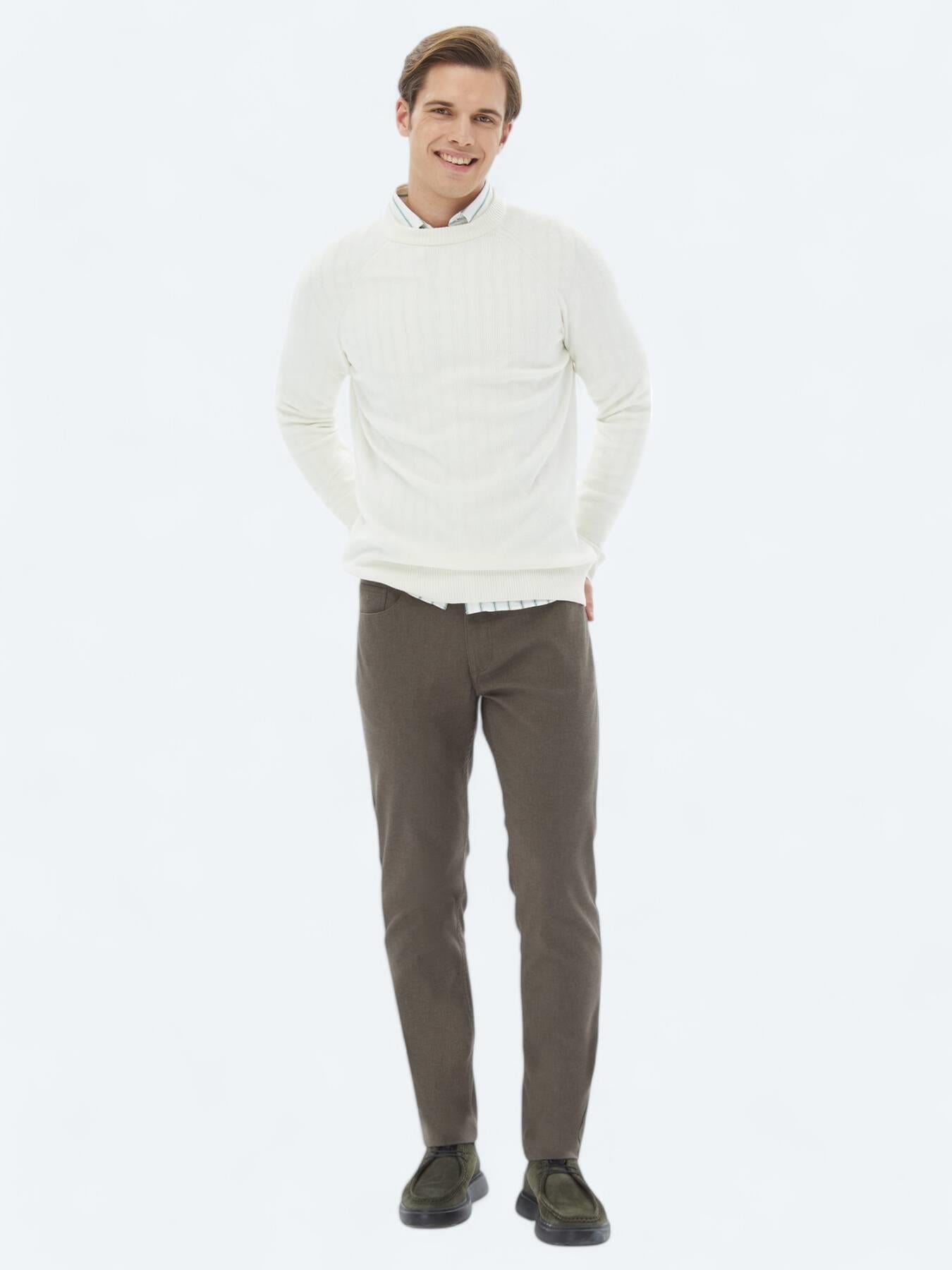 Açık Kahve Dokuma Slim Fit Casual Pamuk Karışımlı Pantolon